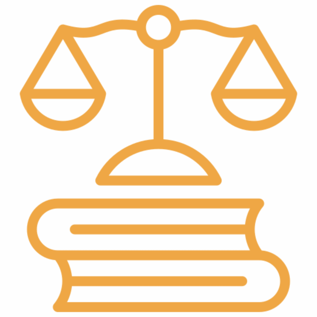 Scales of justice atop legal books icon.