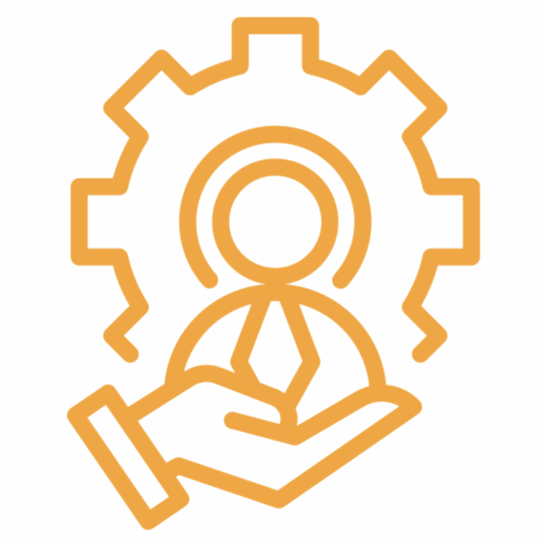 Person supported by a hand and gear.