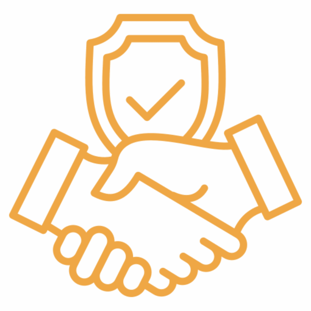 Handshake with shield and checkmark icon.
