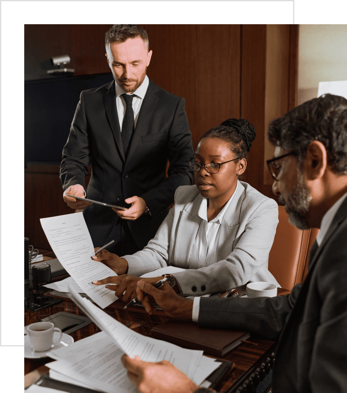 Three professionals reviewing documents in meeting.