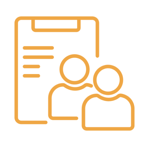 Abstract orange icon with connecting nodes and a frame.