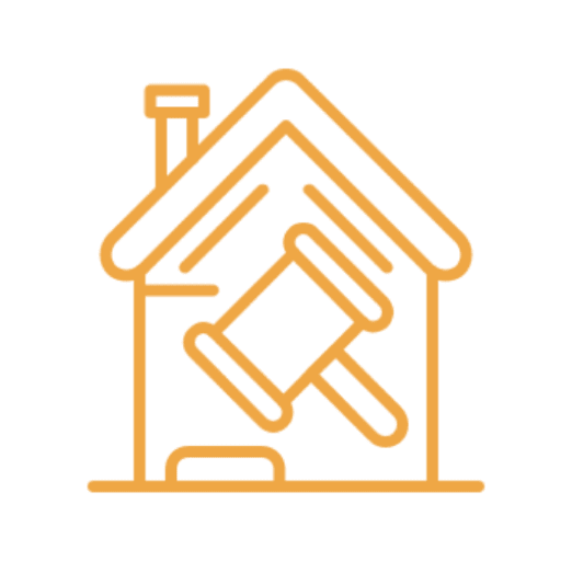 Orange background with a simple, abstract house outline.