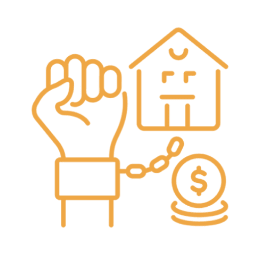 Orange house with a clock and a dollar sign symbol.