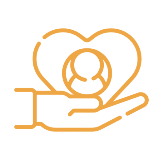 Hand holding a heart with a person inside, symbolizing care and support.