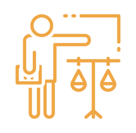 Icon of a person presenting a balanced scale on a board.