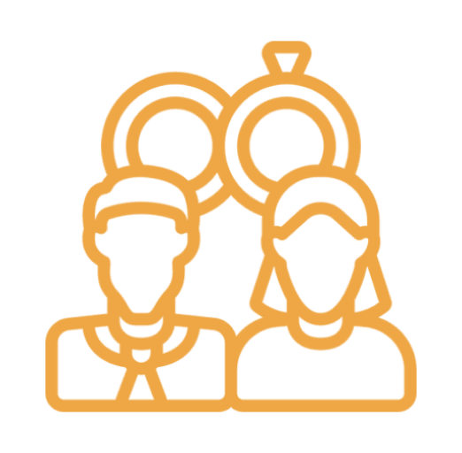 Minimalist orange icon depicting three heads and shoulders in a triangular arrangement.