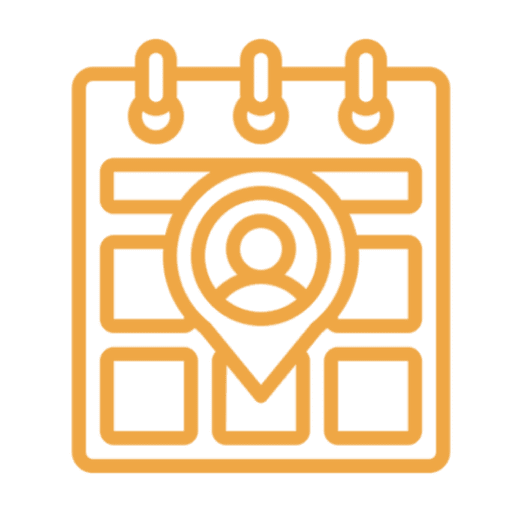 Orange calendar icon with two person silhouettes symbolizing a meeting or event.